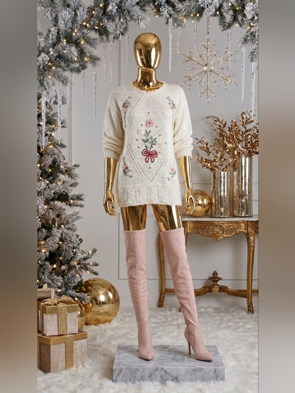 High Quality Hand Crafted Cream Floral Embroidered Knit Sweater